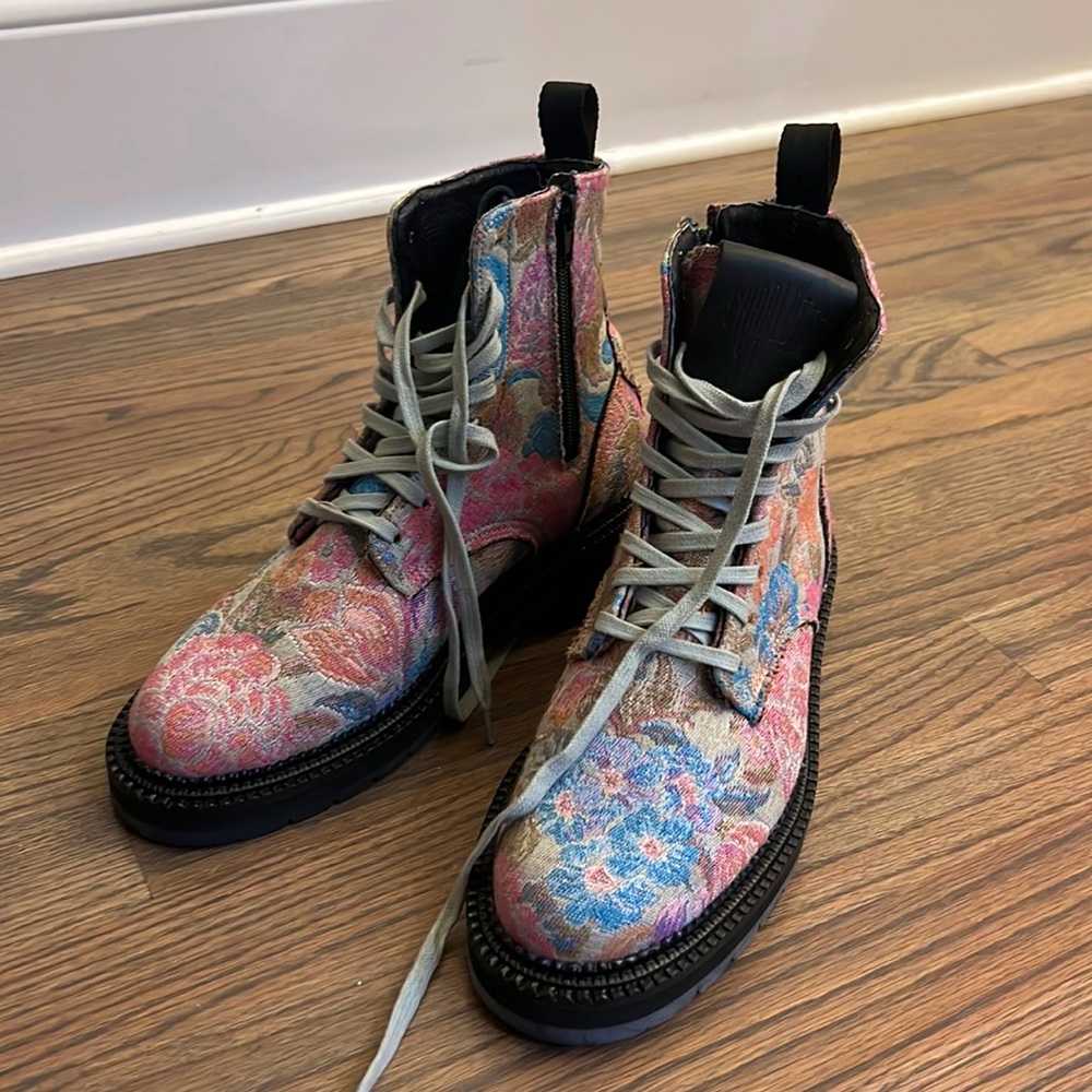 Amazing Charlotte Stone floral brocade zip-up combat boots